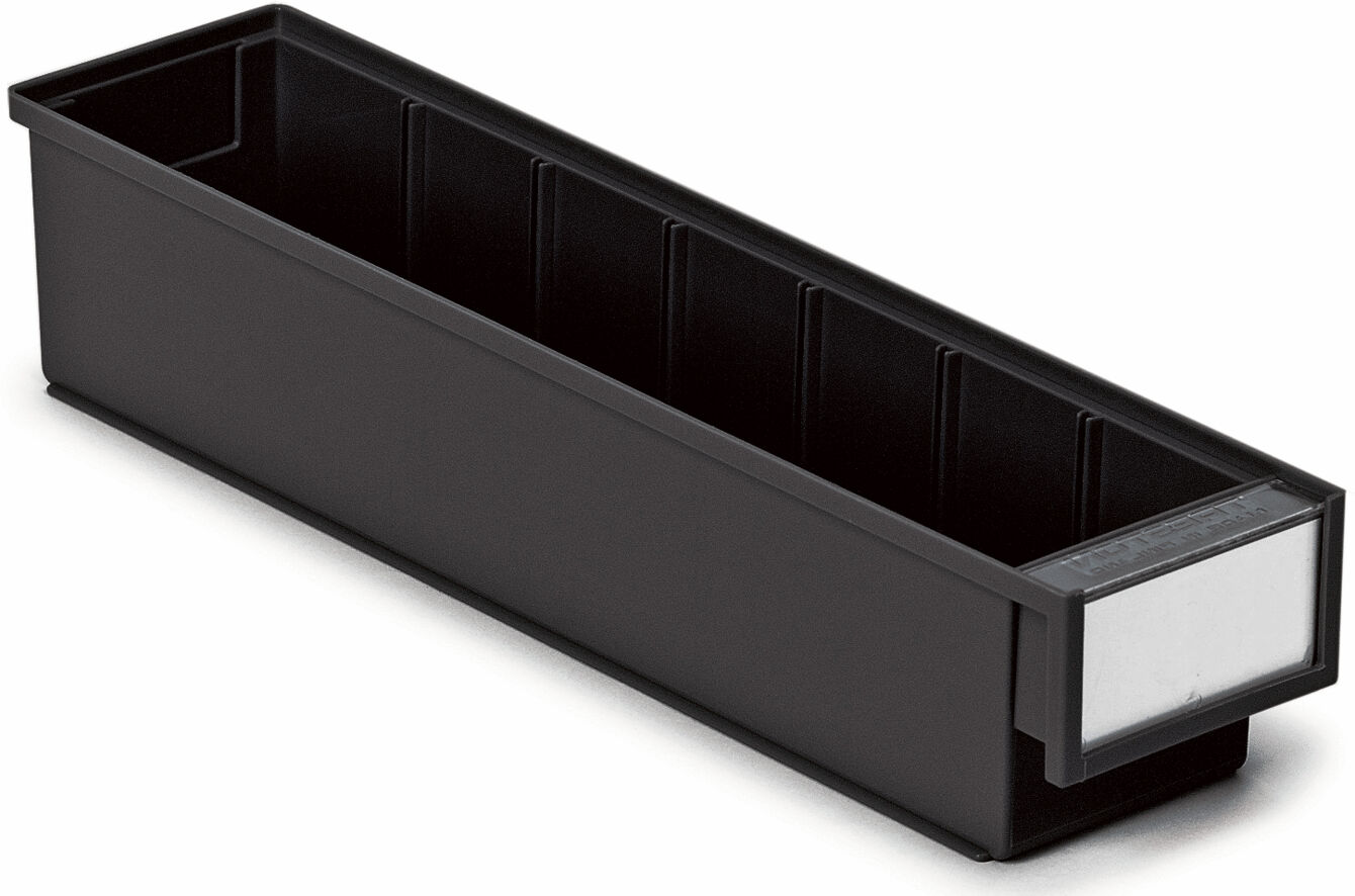 The image shows an elongated, rectangular storage box made of black plastic. It has a smooth surface and a transparent front, allowing a view of the contents.