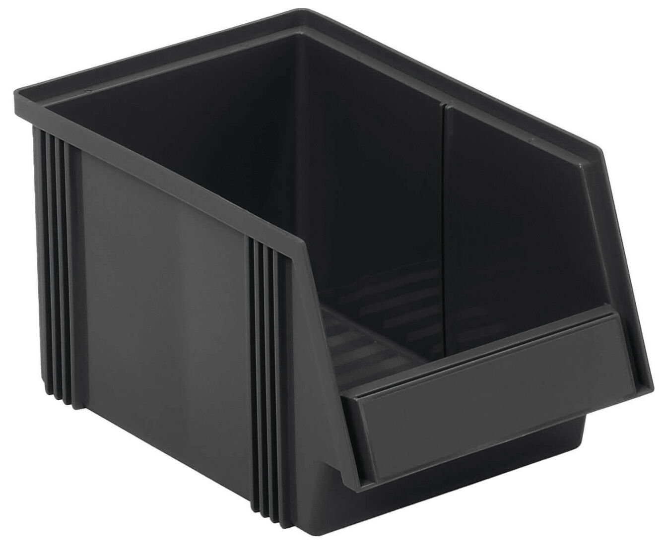 The image shows a black, rectangular plastic box with slanted sides. It has an open front and vertical grooves on the sides, ideal for storage and organization.