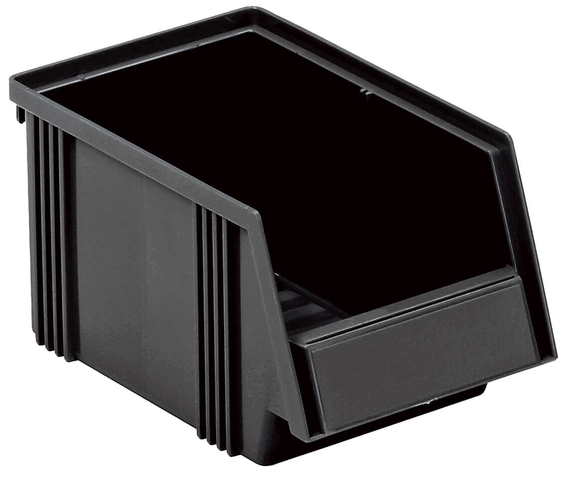 The image shows a black, rectangular plastic drawer with a sloped top. It has side walls with vertical grooves and a narrow handle.