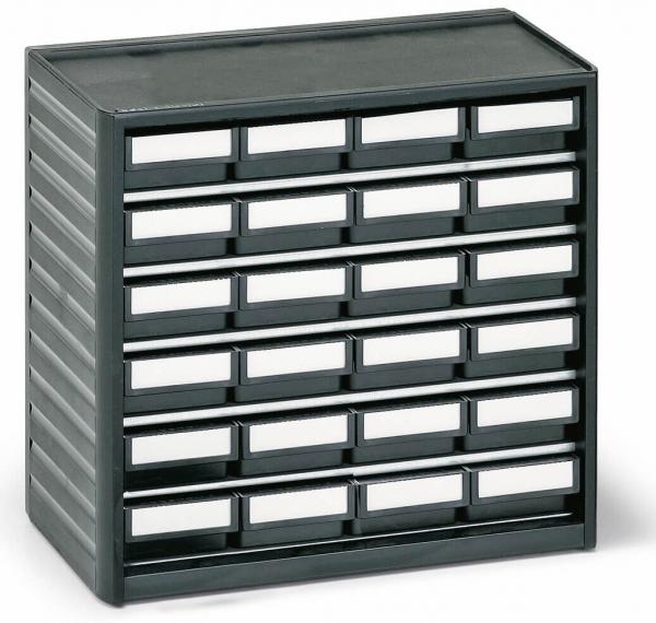 The image shows a compact, dark storage box with several drawers. These are arranged in two rows and have white labeling areas on the front.