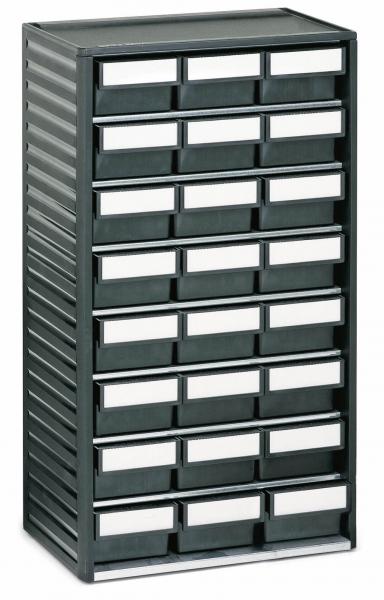 The image shows a rectangular storage cabinet made of dark plastic with several small drawers arranged horizontally. Each drawer has a transparent front.