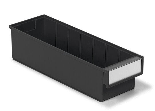 The image shows a long, narrow storage box in black with a white labeling field on one of the short sides. It has a clear, rectangular shape and divided interior spaces.