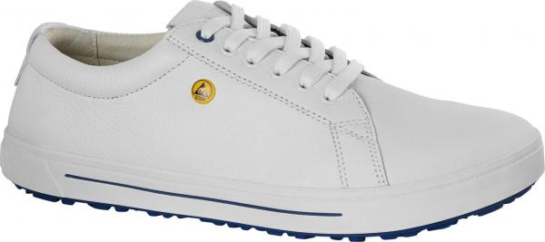 The shoe is a white sneaker made from smooth material with classic lacing. There is a yellow logo on the side. The sole is flat and has a blue rubber sole.