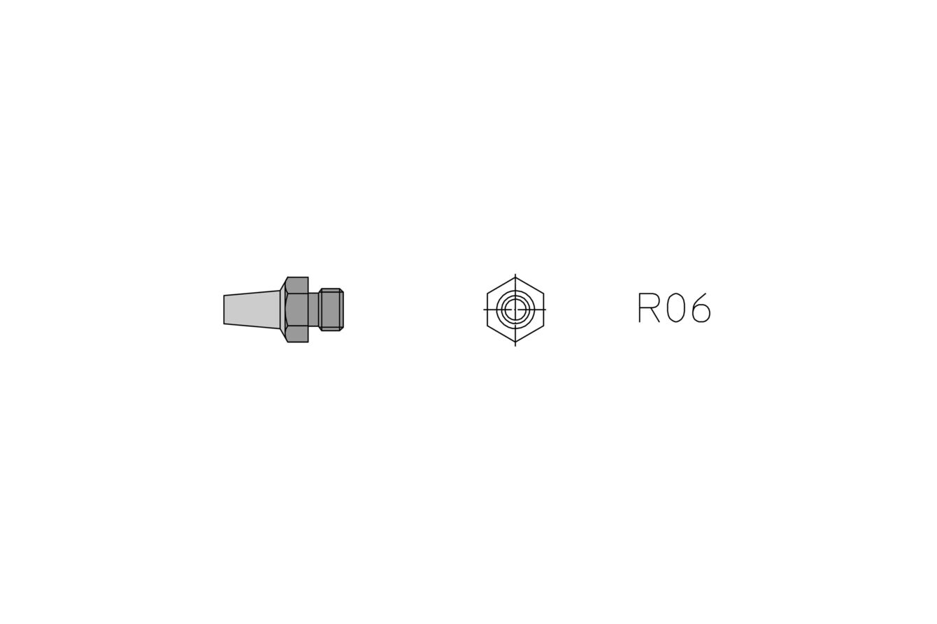 The image displays a technical illustration of a component. On the left, there is a conical element with threading, and on the right, a hexagon labeled "R06".