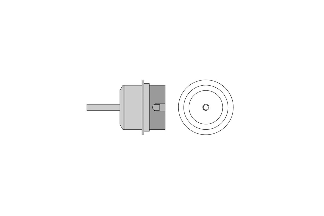 The image shows a technical component, likely a connector or a joint. It has a cylindrical shape with a flat end and a lateral shaft. The other end is round.