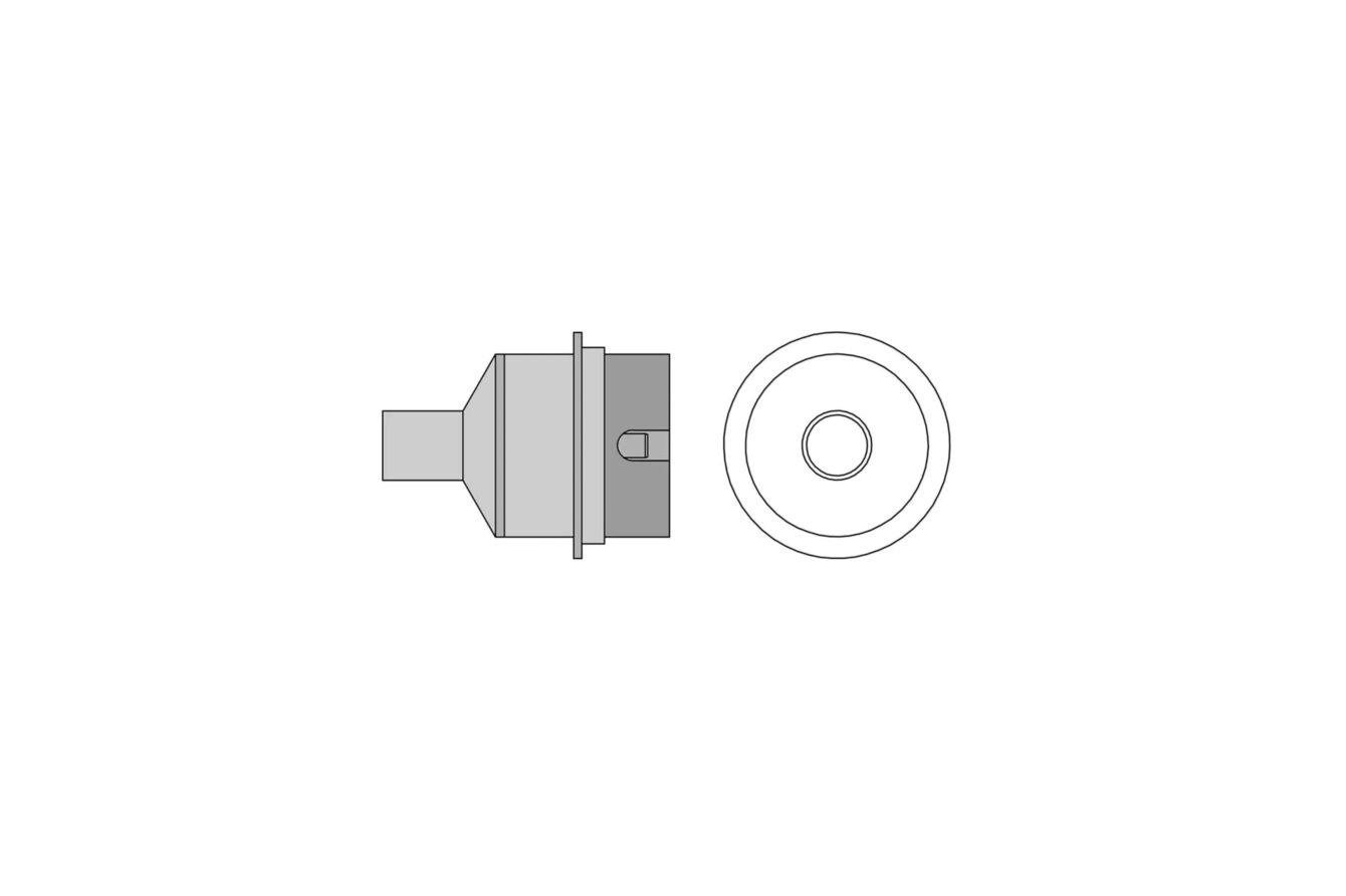 The image shows a technical drawing of a cylindrical object with a rounded top and a flat base. It has a lateral extension and a central opening.