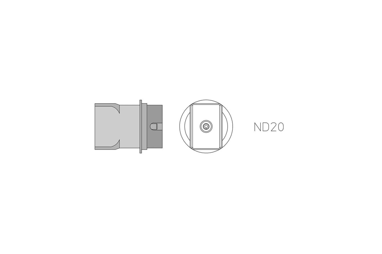 The image shows a technical drawing of a component. On the left is the side view, on the right the top view with the inscription "ND20". It is simple and schematic.