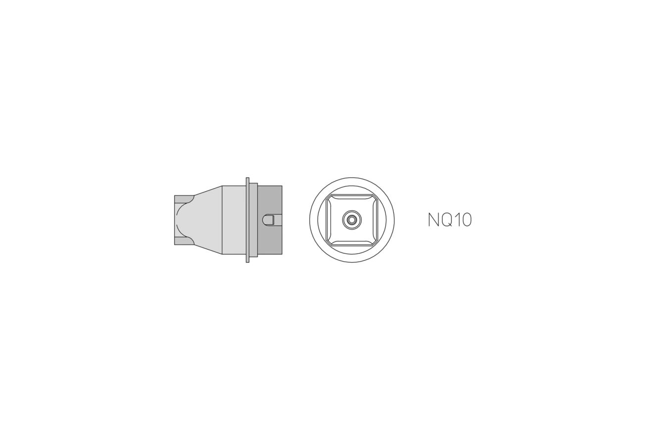 The image displays a technical drawing of an object, likely a tool or machine component, with side and top views. On the right it states "NQ10".