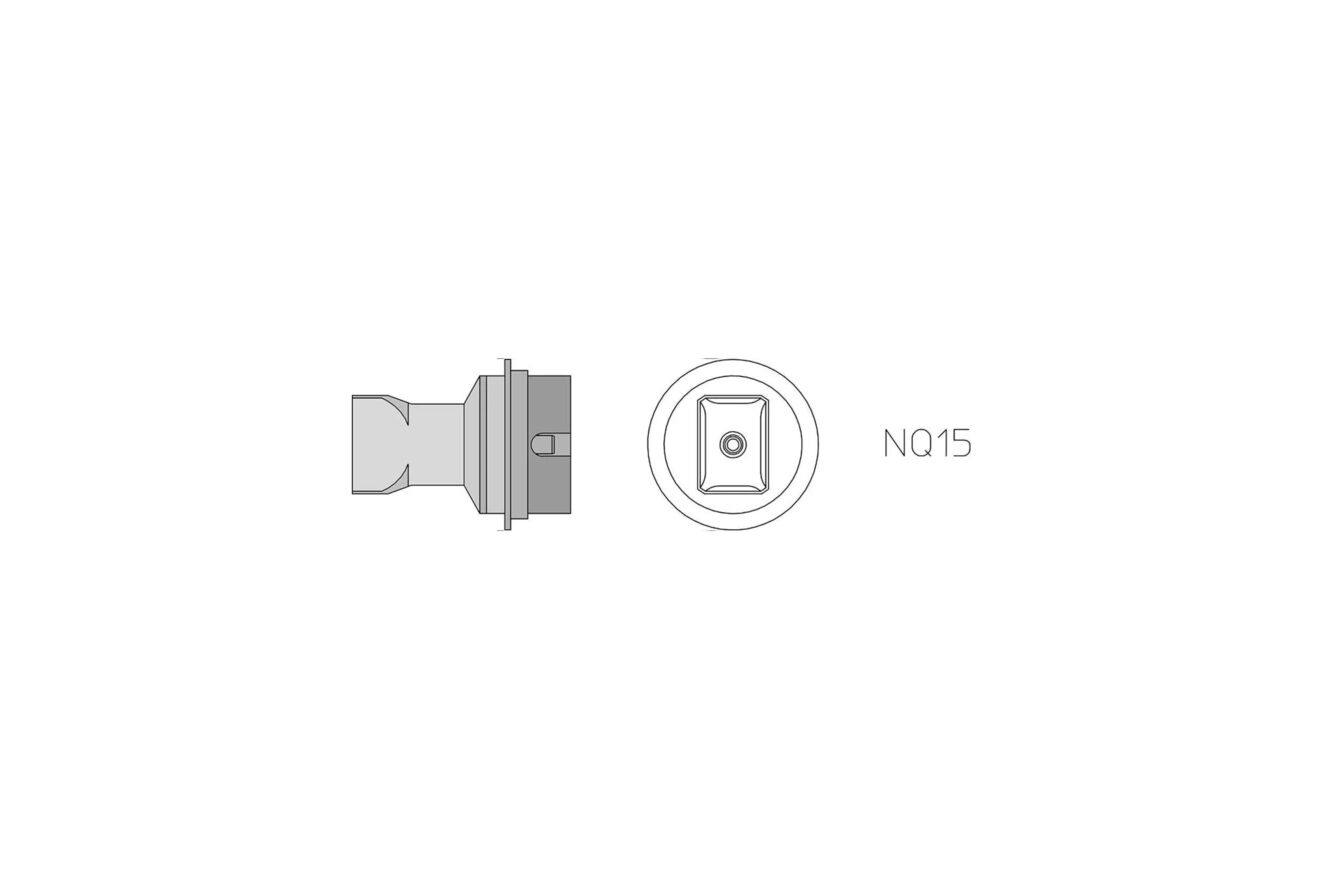 The image shows a technical drawing of a part. On the left is the profile with a narrow opening, and on the right is a round view with a square shape in the center.