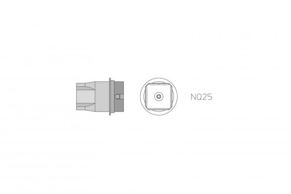 The image displays a technical drawing of a component. It is visible from the side and from above. The component has a square opening in the center and the label "N025" next to it.