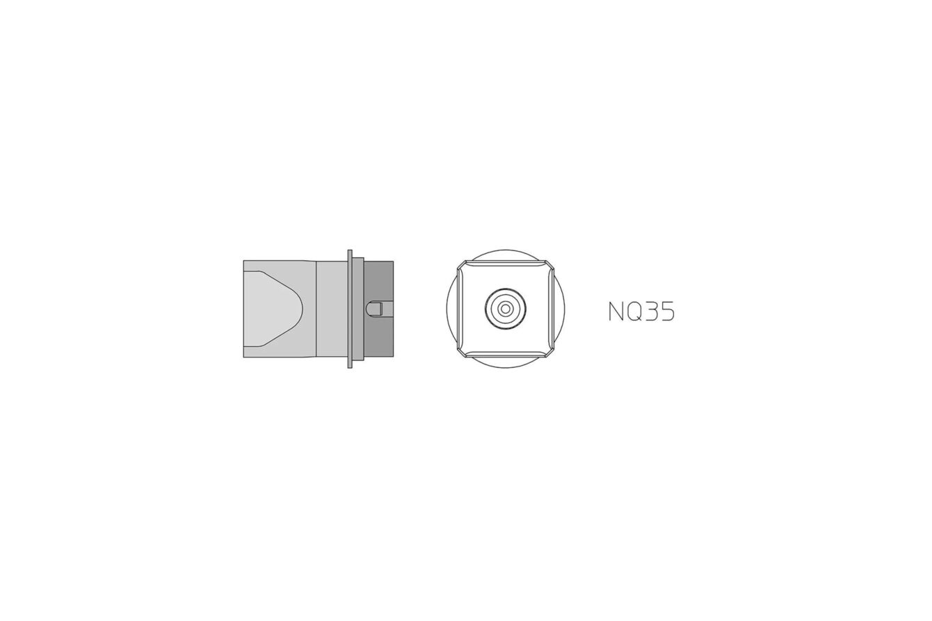 The image shows a technical drawing of a smaller object, possibly a sensor or a camera. There are views from the side and from above, labeled "NQ35".