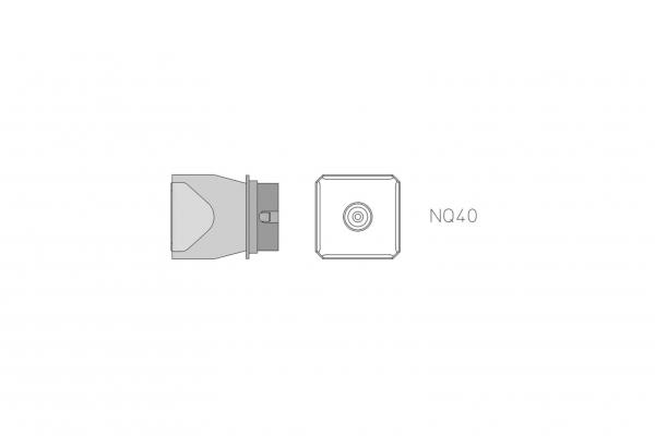 The image shows two technical components: on the left a conical unit and on the right a square one with a central hole. Next to it is the label "ND40".