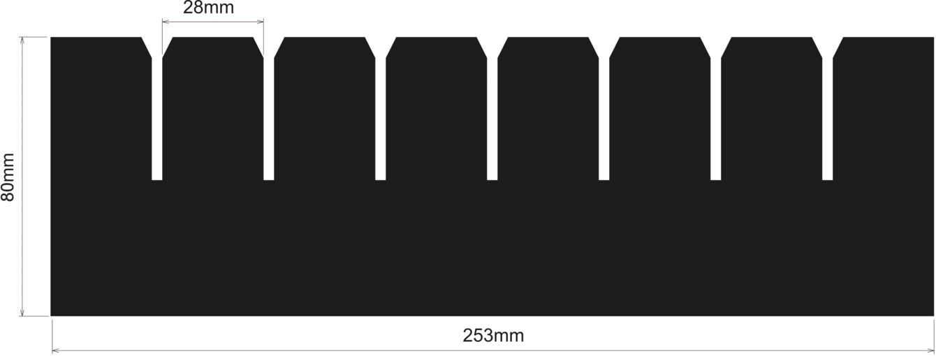 The image displays a rectangular shape with alternating tall and short spikes along the top edge. The width is 253 mm, the height is 80 mm, and the spikes are 28 mm tall.