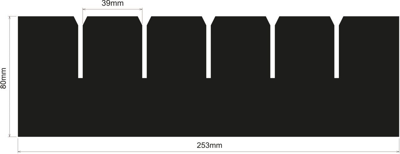 The image displays a black, rectangular shape with five equally sized cutouts at the top. The dimensions are 253 mm in width and 50 mm in height.