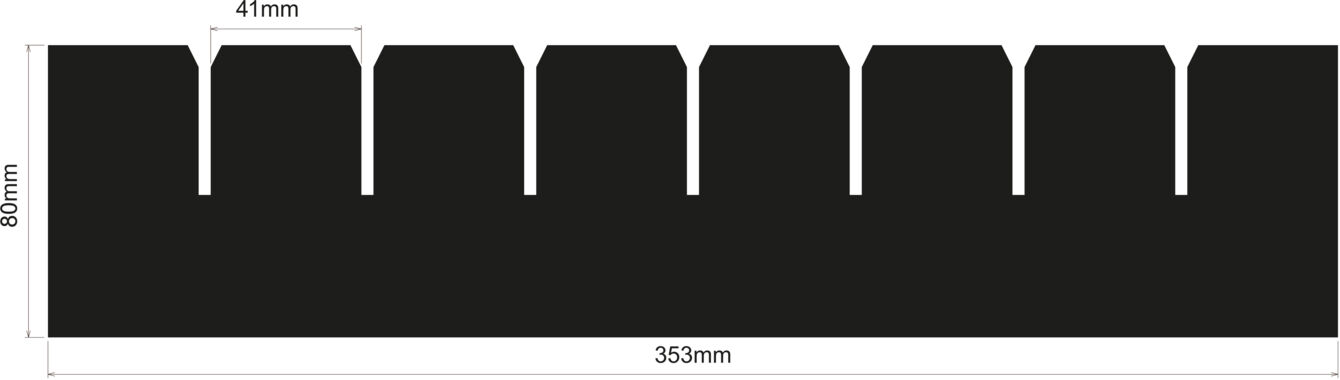 The image displays an elongated, black shape with a jagged edge. The dimensions are 36.5 cm in length and 8 cm in height, with jagged peaks measuring 4 mm in height.