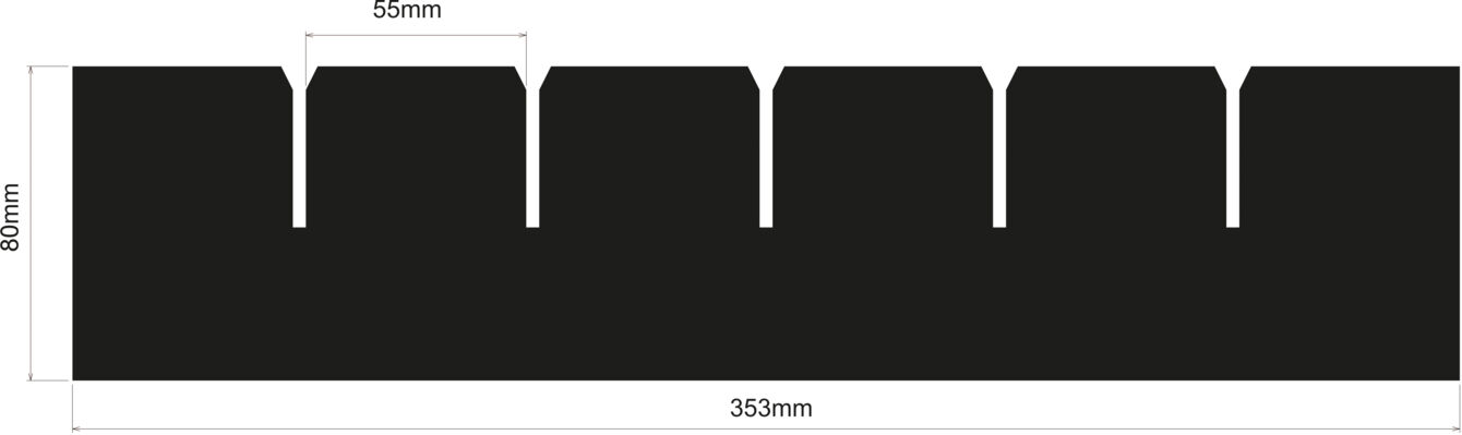 The image displays a black area measuring 353 mm in width and 80 mm in height. At the top, there are five evenly distributed rectangular cutouts.