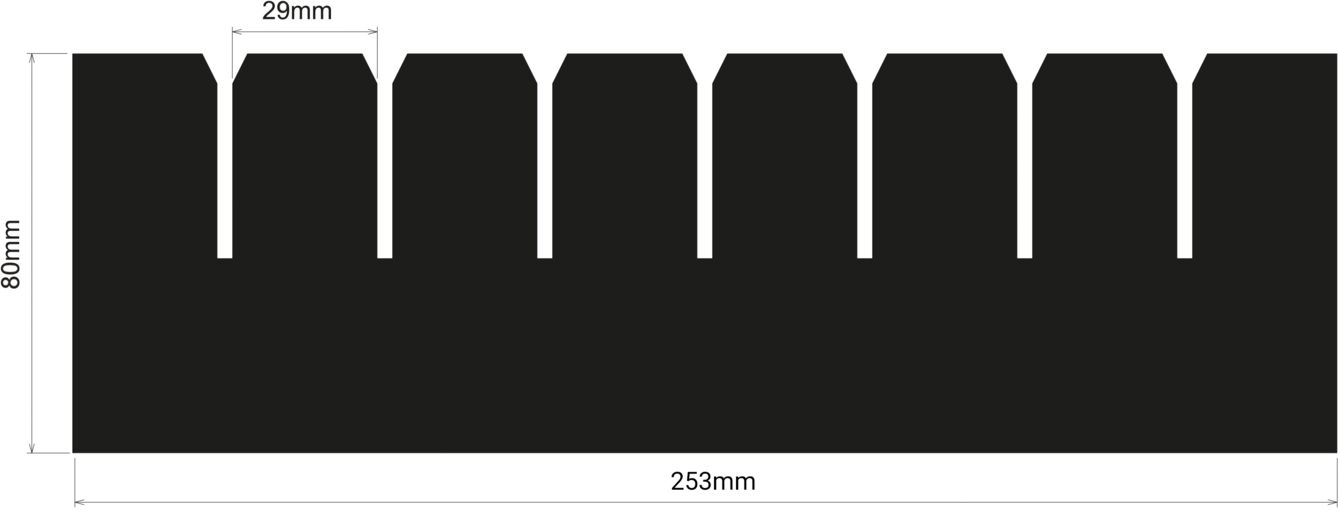 The image shows a black, rectangular shape with alternating, jagged edges. The dimensions are 259 mm wide and 80 mm high, with 25 mm wide notches.