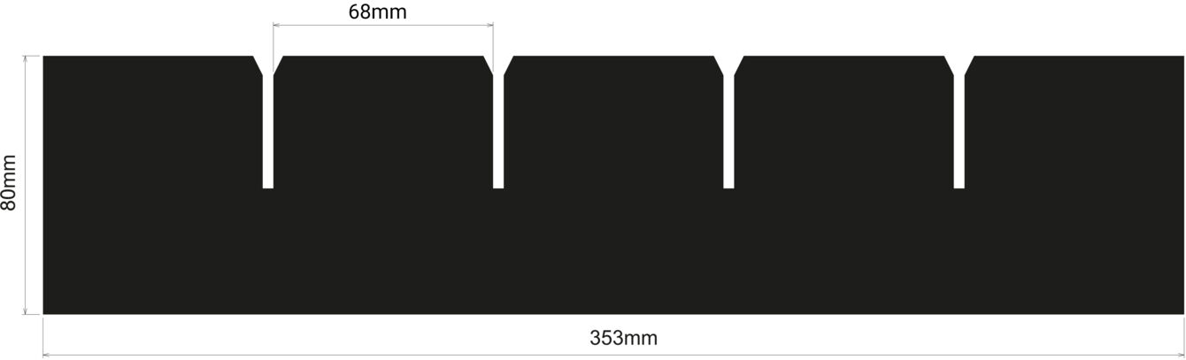 The image displays a black, rectangular area with a height of 30 mm and a width of 305 mm. At the top, there are five uniform notches, each 68 mm wide.