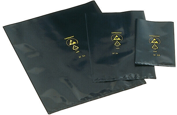 The image shows three black, transparent bags in various sizes. Each bag has yellow symbols and texts printed on it, representing recycling information.