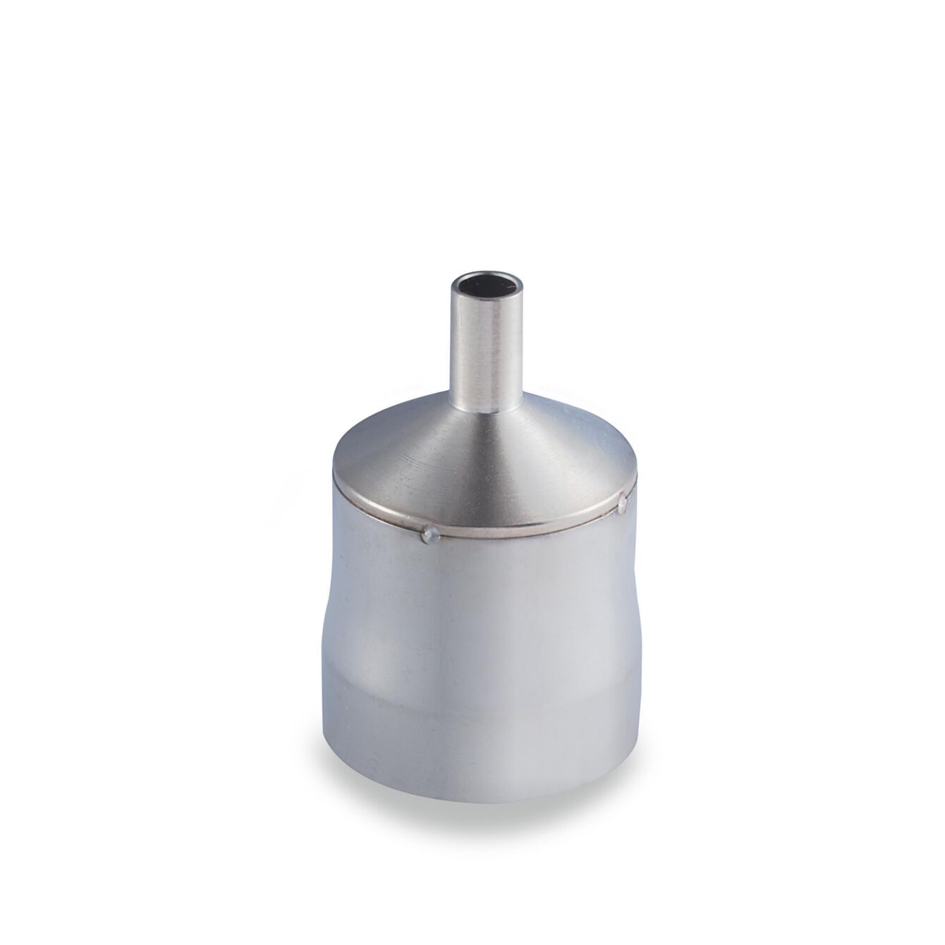 The image shows a slim, silver metal container with a wide, round base and a narrow outlet at the top. The surface is smooth and shiny.