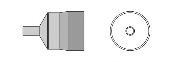 The image shows two views of a conical object. On the left is the side view with a narrow opening at the end. On the right is the top view showing a circle with a small hole in the center.