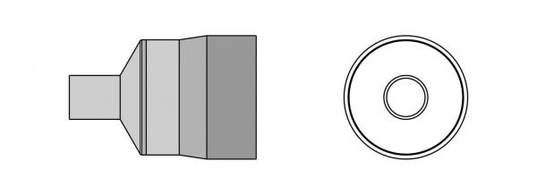 The image shows a technical drawing of a part. On the left is a side view featuring a stepped shape, and on the right is a top view, which is round with an inner hole.