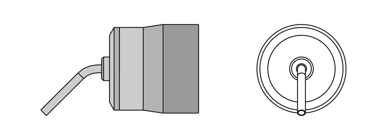 The image shows a simple container with an outlet pipe on the left side. On the right is the top view of the container with a central outlet.