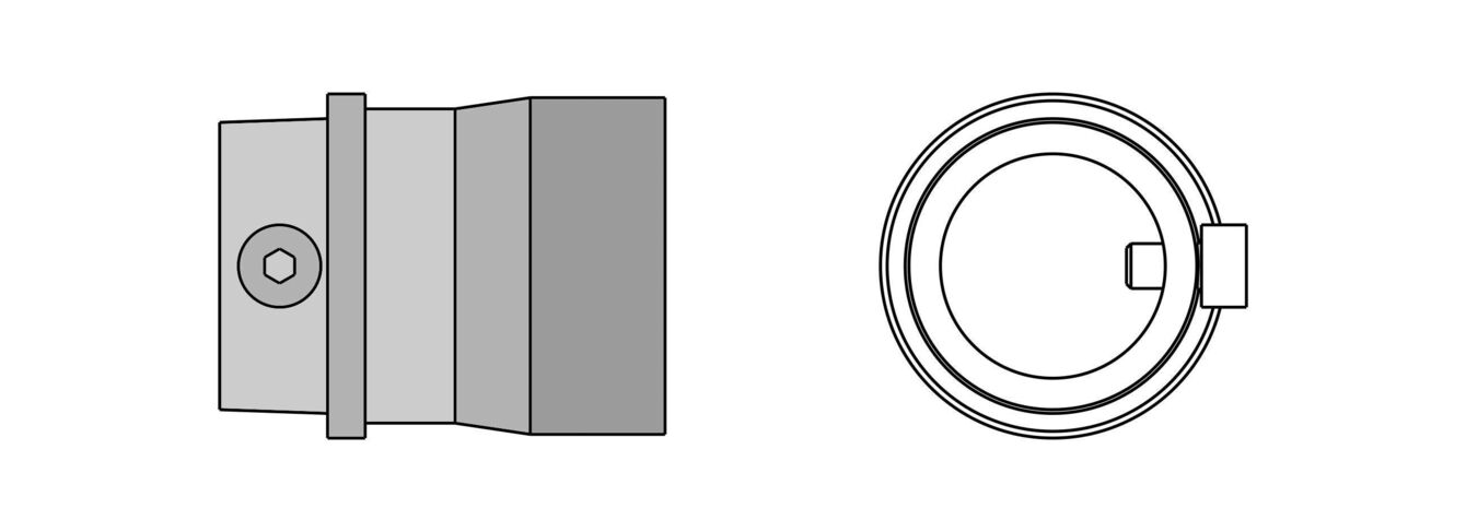 Das Bild zeigt zwei schematische Darstellungen: Links ein quaderförmiges Objekt mit einer Schraube, rechts ein runder, hohler Ring mit einer kleinen Erhebung an der Seite.