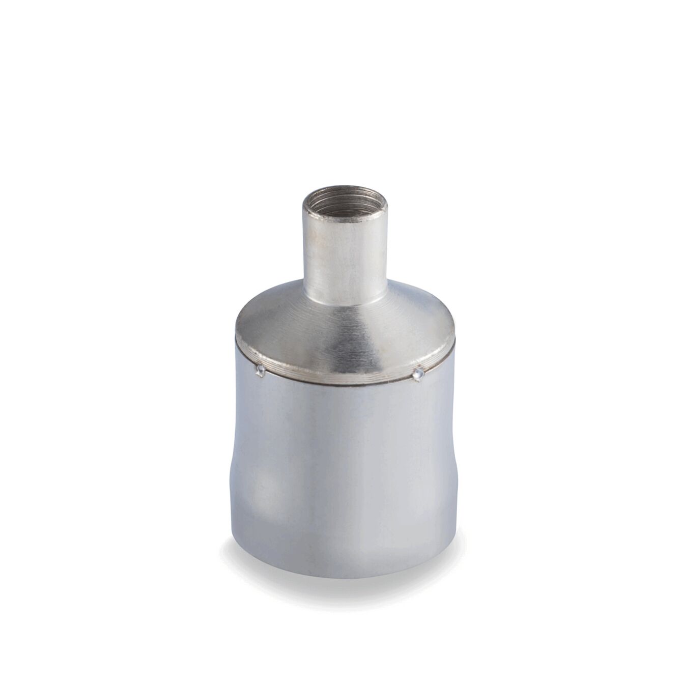 The image shows a silver, cylindrical object with a narrow opening at the top. It has a smooth, metallic surface and a slightly tapered shape towards the bottom.