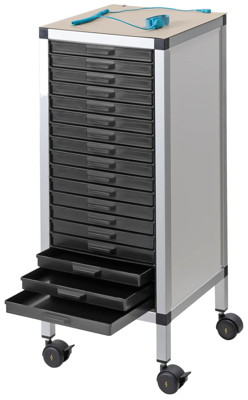 The image shows a mobile rolling cart with several black drawers. The top features a flat storage area with blue tools. The drawers vary in height and can be pulled out.