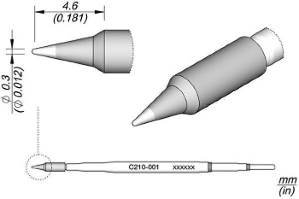 Das Bild zeigt eine technische Zeichnung eines präzisen Stifts mit einer spitzen Spitze. Der Stift hat eine zylindrische Form und unterschiedliche Ansichten, einschließlich Maße.