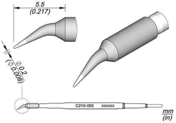 The image shows a technical drawing of a precision tool with a thin, conical tip. The dimensions are provided, including a diameter of 0.2 mm.