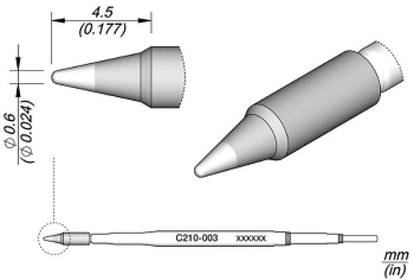 Das Bild zeigt eine technische Zeichnung eines Stifts mit konischer Spitze. Es gibt Ansichten von der Seite und oben. Maßangaben sind zu sehen, einschließlich Durchmesser und Länge.