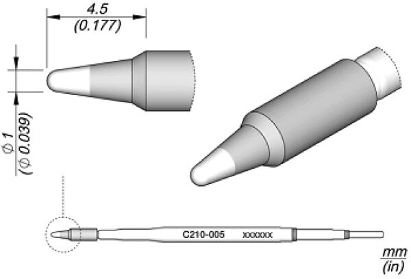 The image displays technical drawings of a sharp object, likely a pen. There are views from the side, from above, and a detailed view of the pointed end. Dimensions are provided.