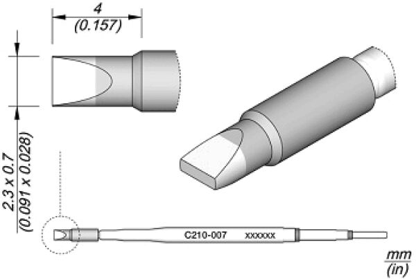 The image displays a technical drawing diagram of a tool. Two views are depicted: a side view and a top view. Dimensions are provided.