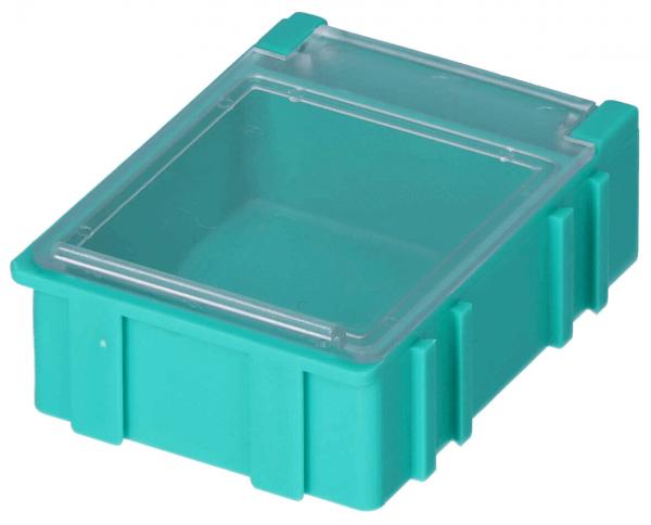 The image shows a rectangular, turquoise plastic storage box with a transparent lid. The box has smooth walls and is sturdy.