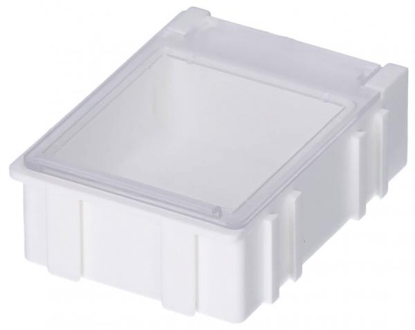 The image shows a clear, rectangular plastic box with rounded corners. The box has a transparent lid and is designed in a simple, white style.