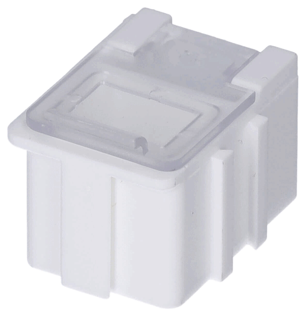 The image displays a small, cube-shaped plastic container in white with a clear lid. It has straight edges and is slightly transparent, with a small opening on top.