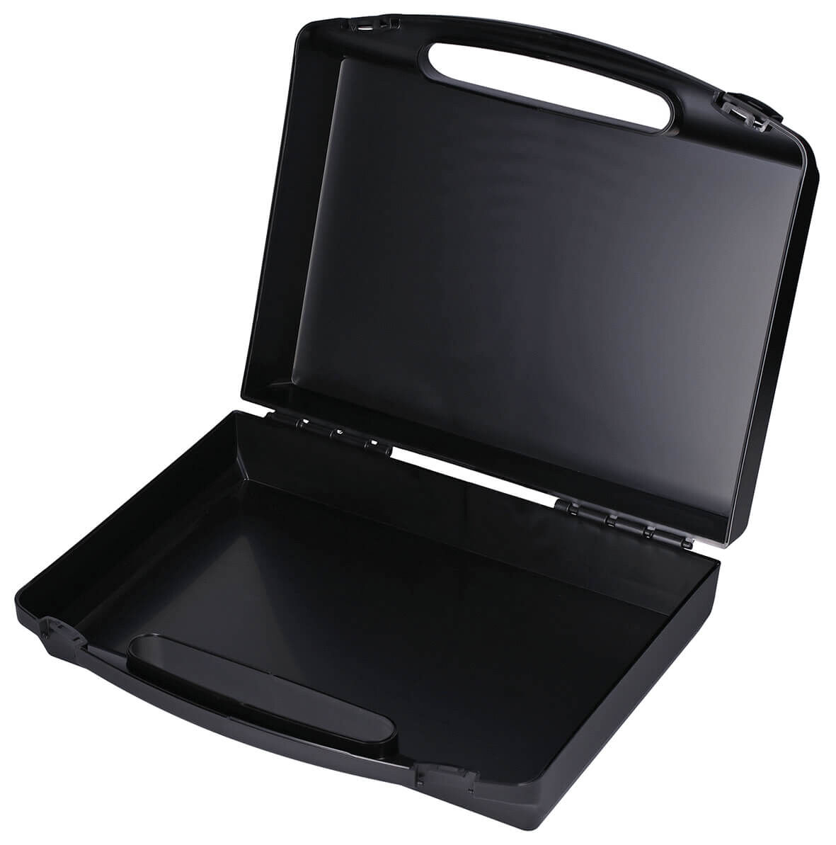 The image shows a black briefcase that is open. The briefcase has a flat, rectangular shape with a sturdy handle and hinges. The interior surface is empty and smooth.