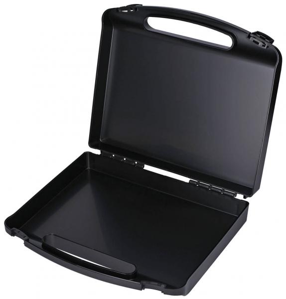 The image shows a black suitcase or briefcase. It is closed, has a handle on top, and a plain, smooth surface. Inside, it is empty and open.