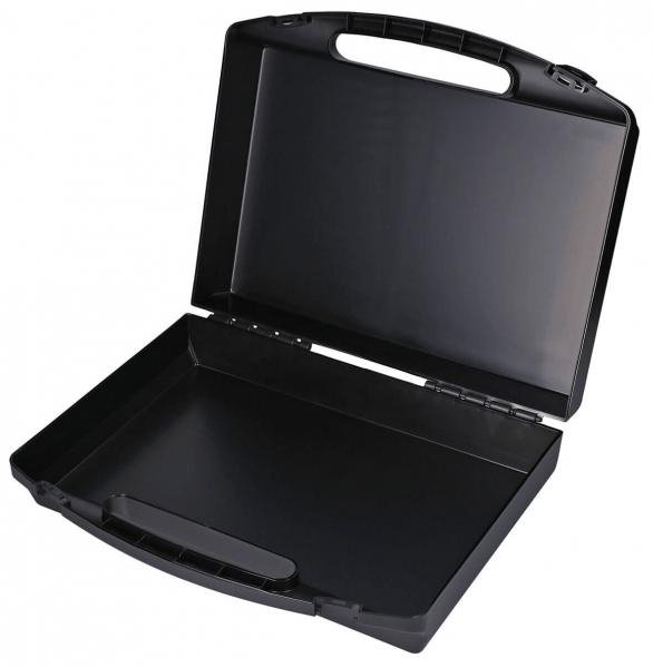 The image shows a black briefcase. It is open, has a sturdy handle, and a smooth, empty interior. The edges are distinctly defined. Ideal for documents and utensils.