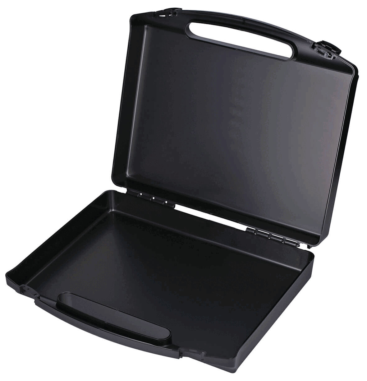 The image shows a black briefcase with a simple, rectangular design. It is open, has a flat bottom, and a handle on top. The inside is also black and empty.