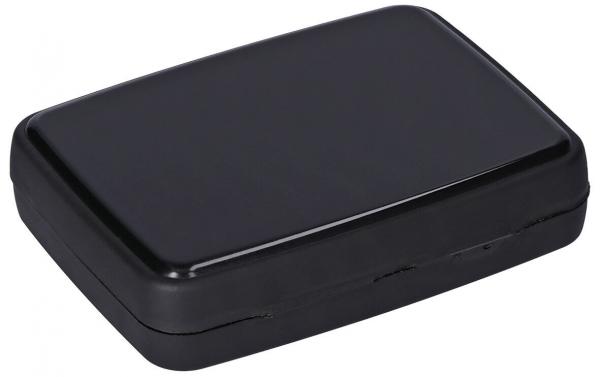 The image shows a flat, rectangular box in matte black. It has rounded corners and a smooth surface, with no visible decorations or handles. The box appears simple and modern.