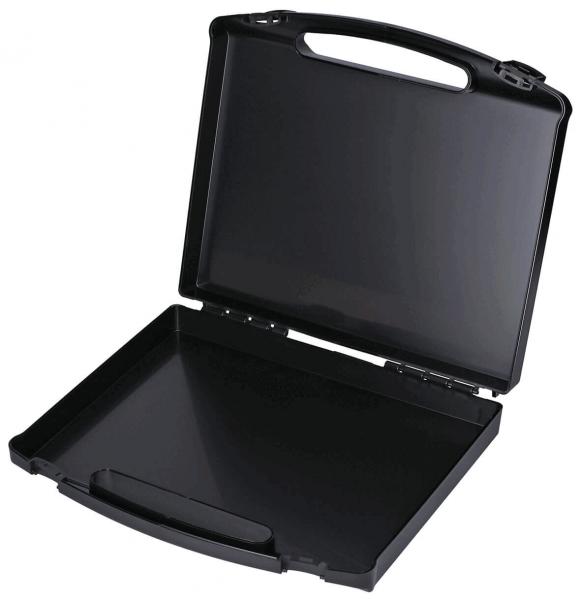 The image shows a black briefcase that is open. It has a flat, rectangular shape and a continuous handle. The interior is plain and without compartments.