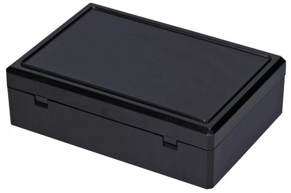 The image shows a rectangular box in black. It has a smooth, shiny surface and a simple, flat lid. The edges are sharp and the box is sturdy.