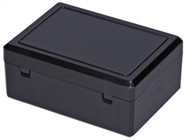 The image displays a rectangular, black plastic box with a flat lid. It has rounded edges and two side clasps. The surface is smooth and shiny.