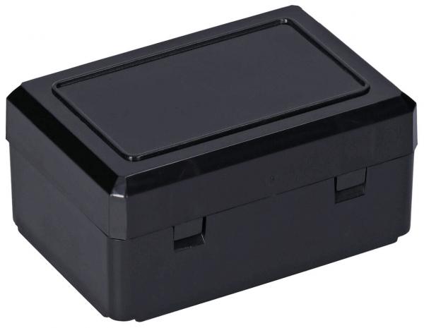 The image shows a rectangular, black storage box with a flat lid. The box has two lockable flaps on the sides and a smooth surface. It is compact and practical.