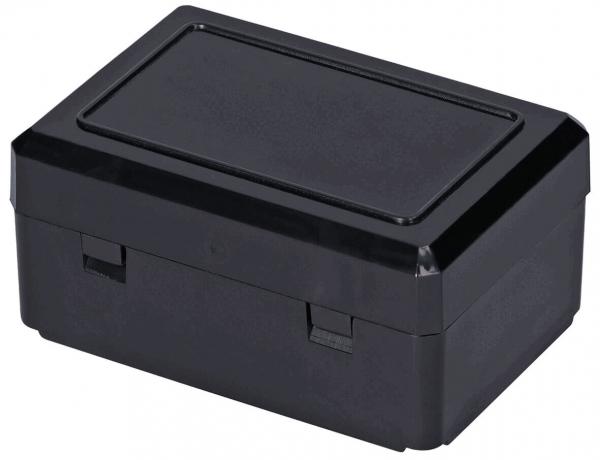 It is a rectangular, black box with a flat lid and two locking mechanisms on the front. It appears sturdy and has smooth surfaces.