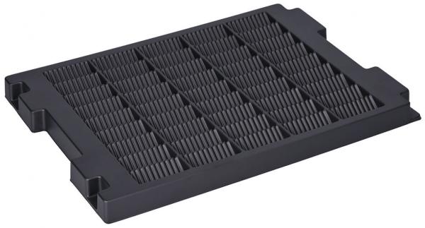 The image shows a rectangular, flat air filter with a textured surface of parallel grooves. The color is black, and there are lateral notches for handling.