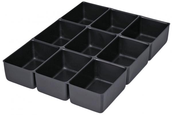 The image shows a rectangular, flat storage unit with twelve square compartments. All compartments are the same size and black. They are arranged in three rows and four columns.